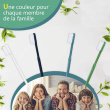 Charger l&#39;image dans la galerie, Brosses à dents Caliquo en trois couleurs avec famille souriante en arrière-plan. Durable et écologique.
