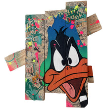 Charger l&#39;image dans la galerie, Contemporary pop art interpretation of Daffy Duck on wooden panels with vibrant colors and mixed media techniques.