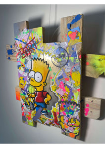Tableau Pop Art de Bart Simpson sur bois de palette, combinant bandes dessinées, peinture acrylique et vernis mat.