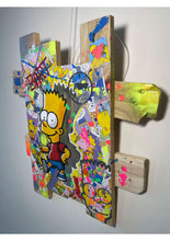 Charger l&#39;image dans la galerie, Tableau Pop Art Bart Simpson sur bois de palette, avec bandes dessinées et peinture acrylique, finition vernis mat pour protection.