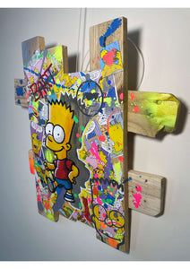 Tableau Pop Art Bart Simpson sur bois de palette, avec bandes dessinées et peinture acrylique, finition vernis mat pour protection.