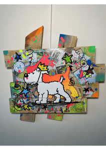 Pop art tableau of Tintin's dog Milou, crafted on a custom wooden palette with vibrant colors and comic elements.