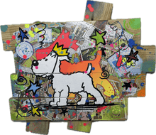 Charger l&#39;image dans la galerie, Pop art artwork of Tintin&#39;s dog Milou on a custom wood palette base with colorful elements and comic strips.