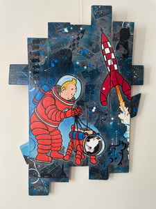Tableau Pop art Tintin et Milou fusée sur bois de palette signé Vincent STREIFF®