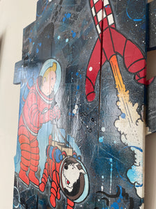 Tableau Pop art Tintin et Milou fusée sur bois de palette signé Vincent STREIFF®