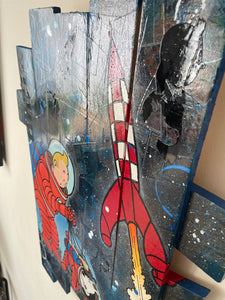 Tableau Tintin Milou pop art - œuvre unique sur support dynamique, illustrant le duo emblématique et une fusée colorée.