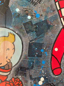 Tableau Tintin Milou pop art avec détails colorés et éléments graphiques modernes sur fond artistique.