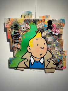 Pop Art Tintin artwork featuring Tintin's character in a colorful mixed media tableau.