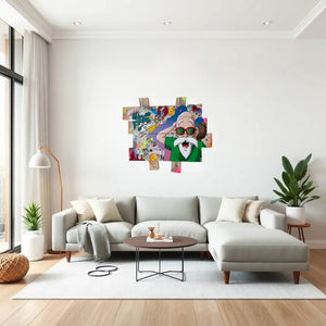 Tableau pop art de Tortue Géniale dans un salon moderne, mettant en avant des couleurs vives et des éléments de bande dessinée.