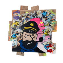 Charger l&#39;image dans la galerie, Tableau Pop Art représentant le Capitaine Haddock sur bois recyclé, couleurs vives et éléments de bandes dessinées.