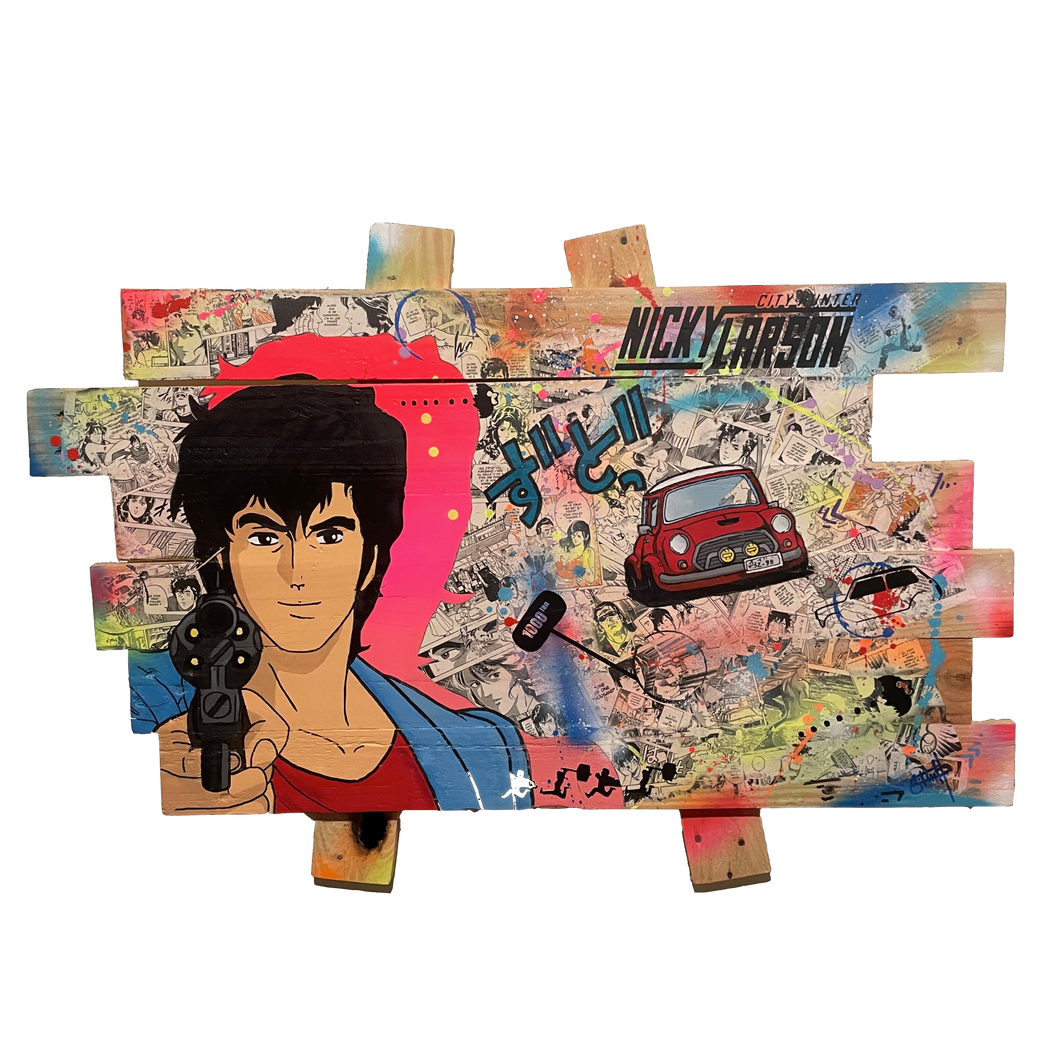 Tableau Pop Art Nicky Larson City Hunter sur bois de palette signé Vincent STREIFF®