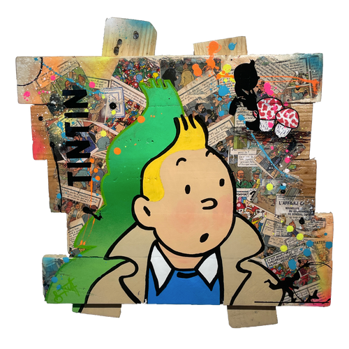 Pop Art Tintin artwork featuring Tintin in a colorful composition with comic elements and vibrant paint.