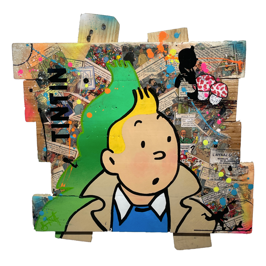 Pop Art Tintin artwork featuring Tintin in a colorful composition with comic elements and vibrant paint.
