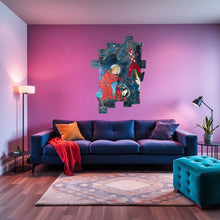 Charger l&#39;image dans la galerie, Tableau Tintin Milou pop art sur mur violet dans un salon moderne avec canapé bleu.
