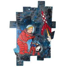 Charger l&#39;image dans la galerie, Tableau Tintin Milou pop art, œuvre unique représentant Tintin et Milou en astronautes avec une fusée.