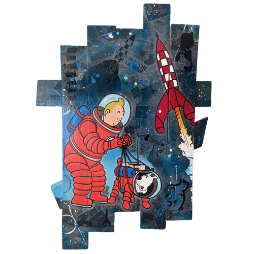 Tableau Tintin Milou pop art, œuvre unique représentant Tintin et Milou en astronautes avec une fusée.