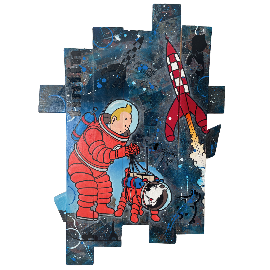 Tableau Tintin Milou pop art, œuvre unique représentant Tintin et Milou en astronautes avec une fusée.
